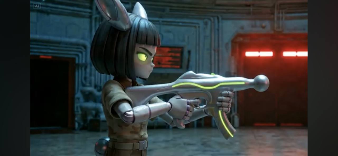 COSMONEET still of a rabbit-eared character aiming a glowing sci-fi weapon in an industrial room.