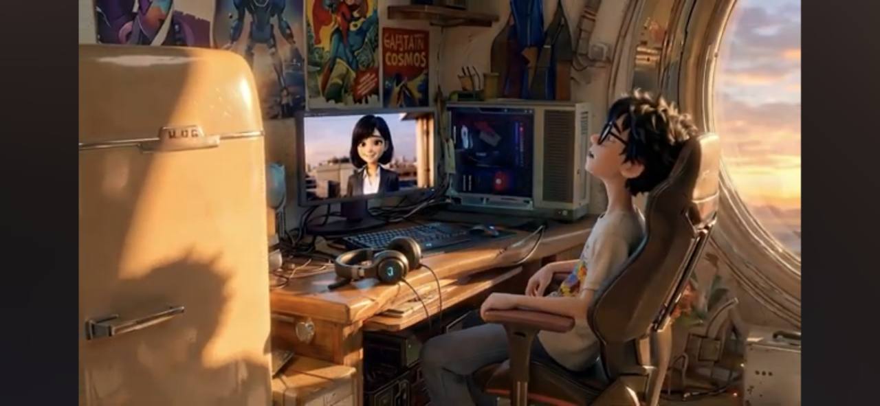 A creator in a warm-lit room looking at a computer screen.