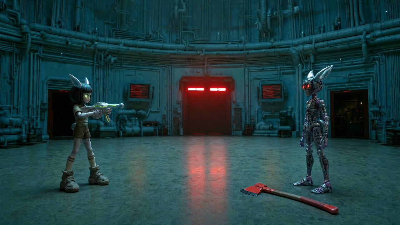 A duel inside an industrial hangar with red warning lights.