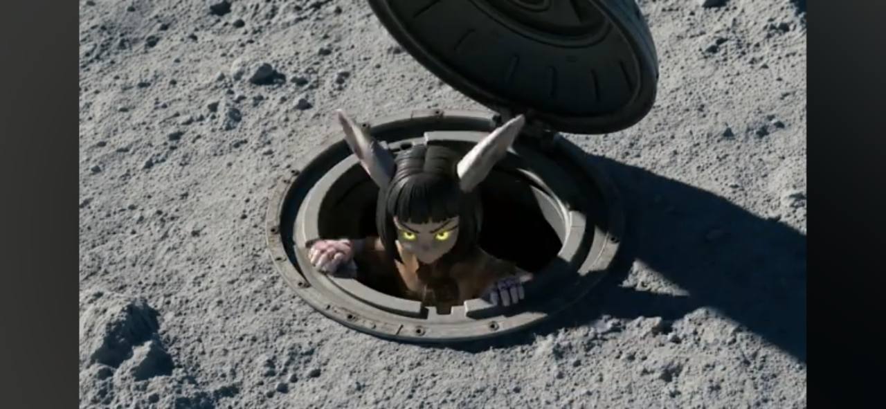 The protagonist emerging from a hatch on a dusty moon surface.
