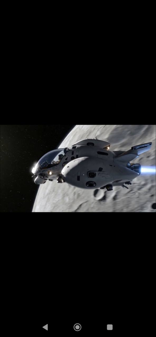 Spaceship flying in orbit near a cratered moon.